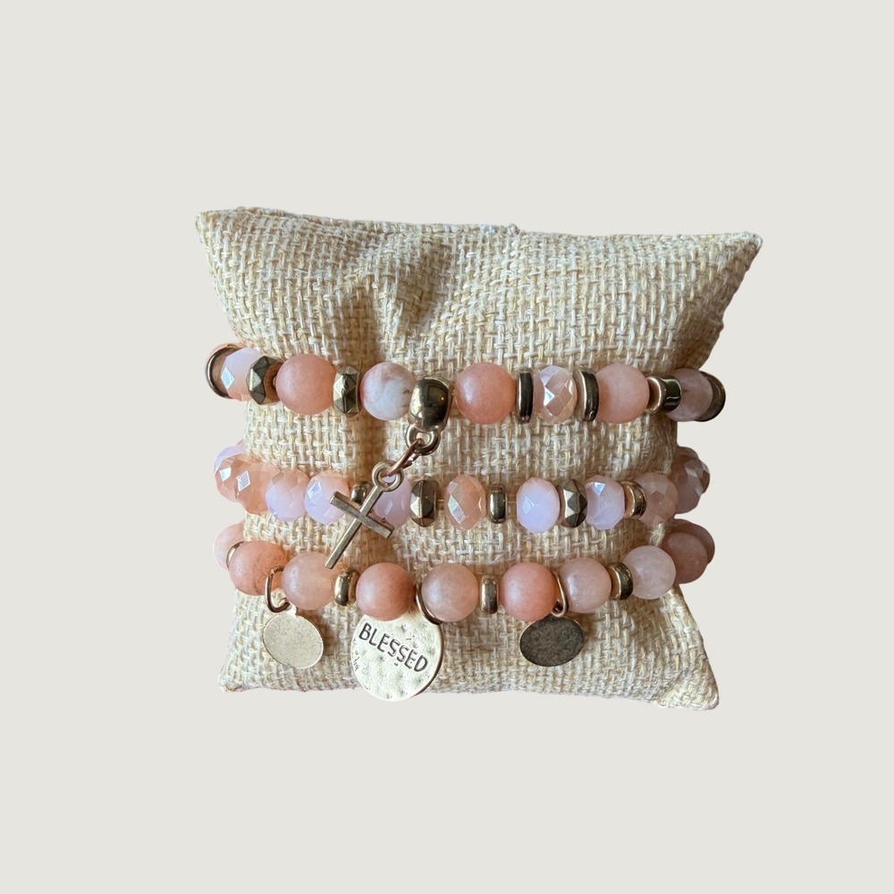 Blessed Cross Peach Pink Beaded Stretch Bracelet Set 3PC Gold Tone Charms Boho